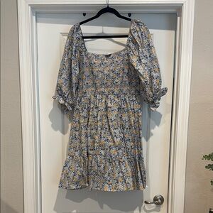 ARULA Blue and Gray Ruffled Puff Sleeve Mini Sundress